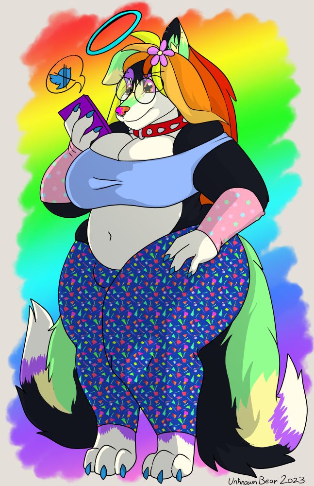 Big tall sparkledog looking at her phone being mad at twitter.