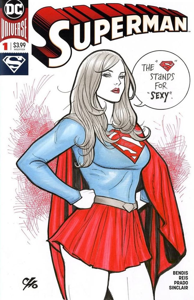 Supergirl standing in the traditional hero hands on hips pose saying “the s stands for sexy”