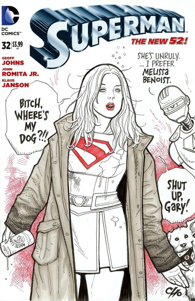 A drunk super girl looking for her dog, Gary the robot criticizes her in the background 