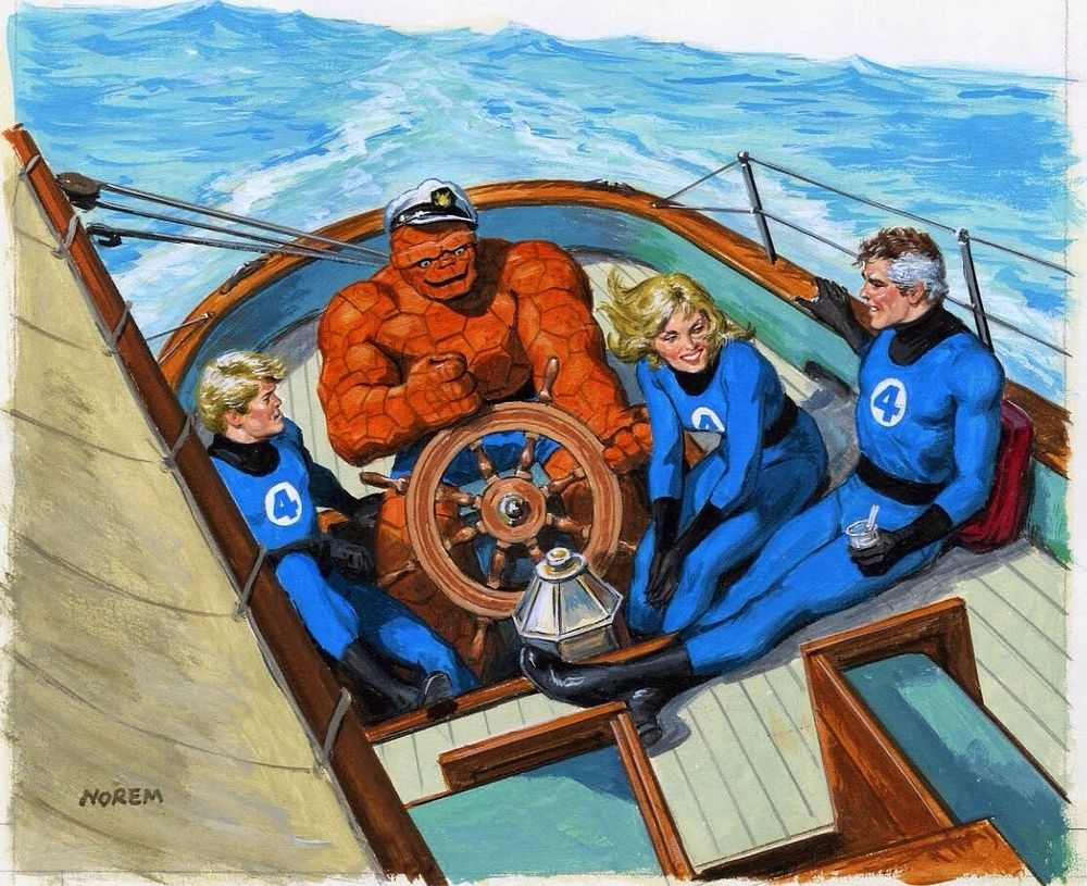 Painted art of The Fantastic Four lounging on a yacht, with The Thing at the steering wheel while wearing a captain's cap. Reed Richards is enjoying a pina colada. 