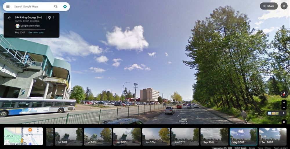 South-facing google maps shot of Surrey, BC from 2009 near King George station.