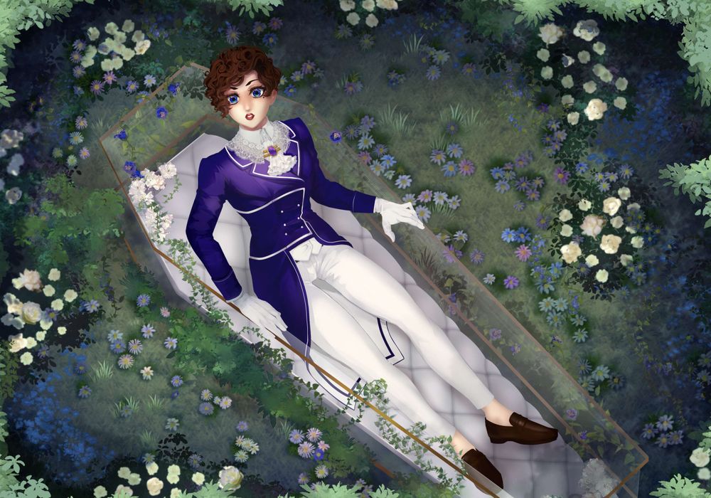 Illustration of a short haired brunette woman sitting up in a glass casket surrounded by vines and flowers. The woman is wearing a navy blue tailcoat, a lace cravat, white gloves, form fitting white pants, and brown loafers. She is looking towards the viewer with a surprised expression. Leaves at the edge of the image imply there are trees above.
