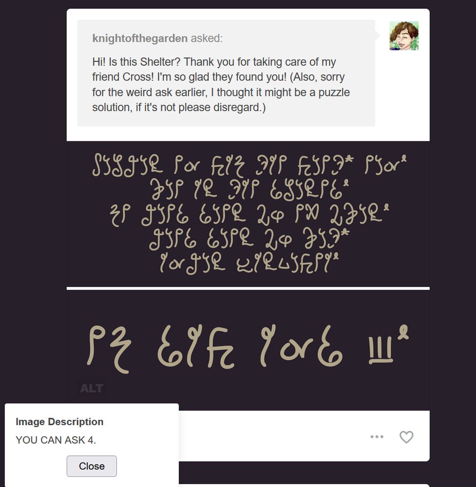 screenshot of a tumblr ask sent by Aster reading "Hi! Is this Shelter? Thank you for taking care of my friend Cross! I'm so glad they found you! (Also, sorry for the weird ask earlier, I thought it might be a puzzle solution, if it's not please disregard.)", responded to by several images of writing in an unknown language, the final having alt text reading "YOU CAN ASK 4."