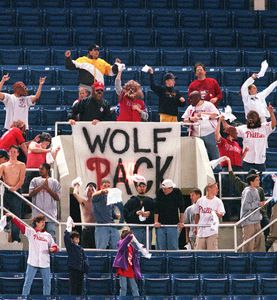 Philadelphia Daily News photo from 2008 showing a fan group supporting pitcher Randy Wolf, the Wolf Pack