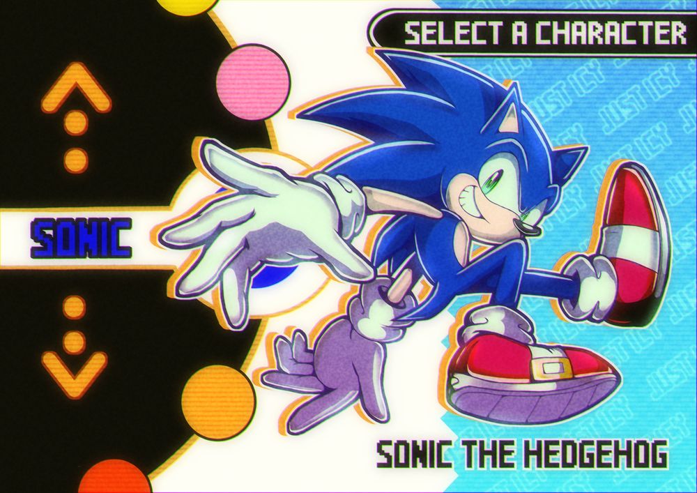 An image depicting Sonic the hedgehog in a dynamic pose, grinning at the camera. The background is directly inspired by the character selection screen from Sonic advance 2.

This pose is also a redraw of one of Yuji Uekawa’s most recent works for Sonic channel. 