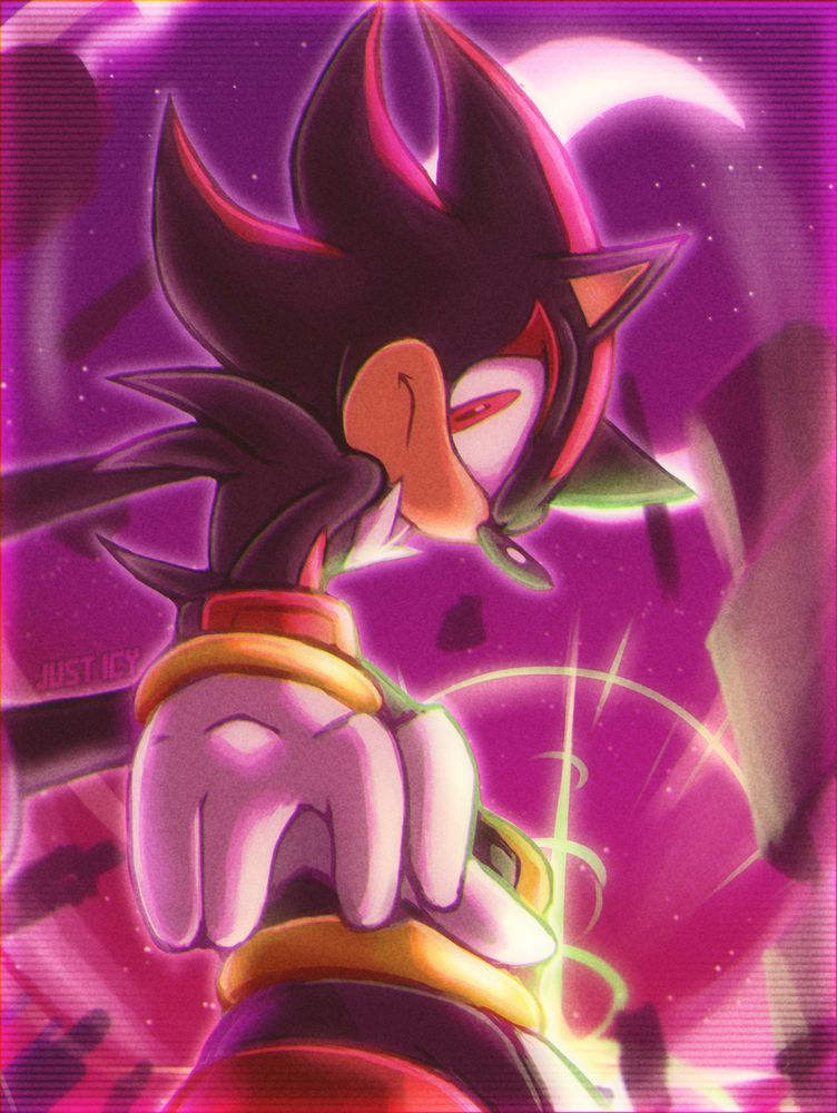 An image depicting Shadow the hedgehog stood in a dreamscape with the light of a nearby chaos emerald behind him.
