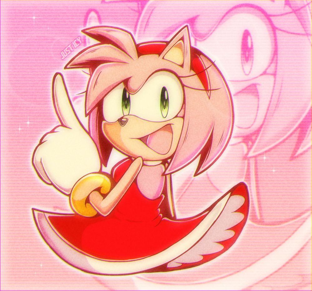 An image depicting a bust shot of Amy Rose of the Sonic series. She’s shown with a big smile as she looks behind her at the camera.

This is also a redraw of some old Uekawa art (and my own previous redraw of the same render).