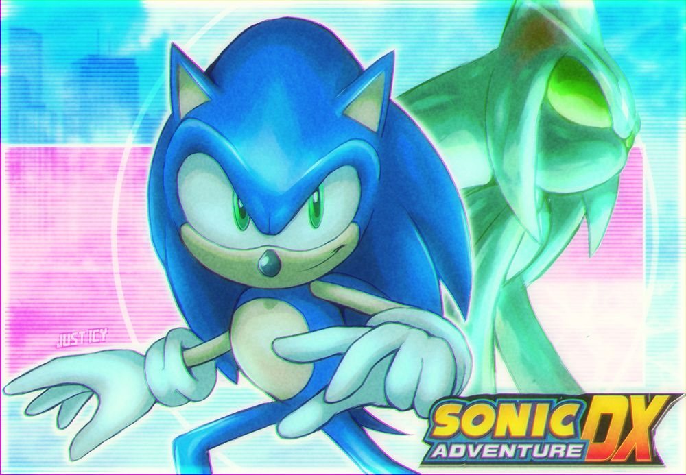 An image depicting Sonic the hedgehog with Chaos looming in the background, reminiscent of the key art for Sonic Adventure DX