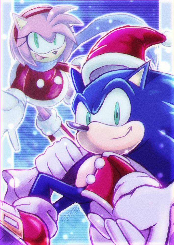An image depicting Sonic the hedgehog and Amy rose in Christmas themed attire with a snowy backdrop. Not necessarily shipping fuel but feel free to interpret it however you wish ✨