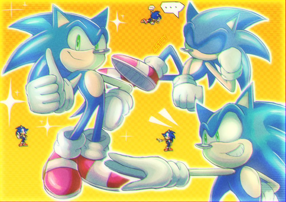An image depicting Sonic the hedgehog in 3 different poses: shooting the camera a thumbs up on the left, taking a nap top left and pointing off to the distance bottom right. These poses are redrawn from existing sprites from the Sonic Advance series 