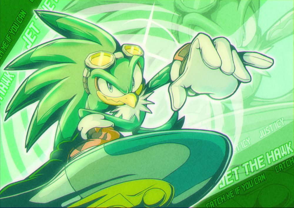 An image depicting Jet the hawk from the Sonic riders series atop his signature extreme gear (hoverboard)