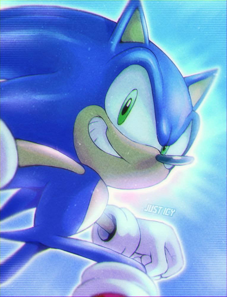 A close image depicting Sonic the Hedgehog looking back at the camera with his iconic grin. I randomly took a look at some of the Heroes renders/posters and felt compelled to try and emulate them 