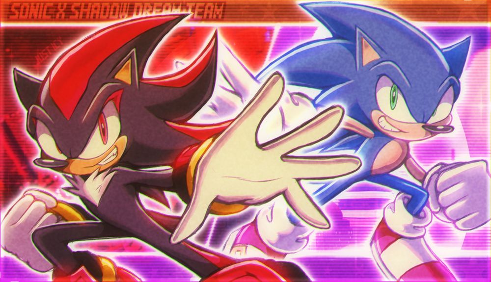 An image depicting both Shadow the hedgehog and Sonic the hedgehog striking a pose together, the former stood in front and reaching out towards the camera. 

I’m starting to like painting over my sketches like this tbh