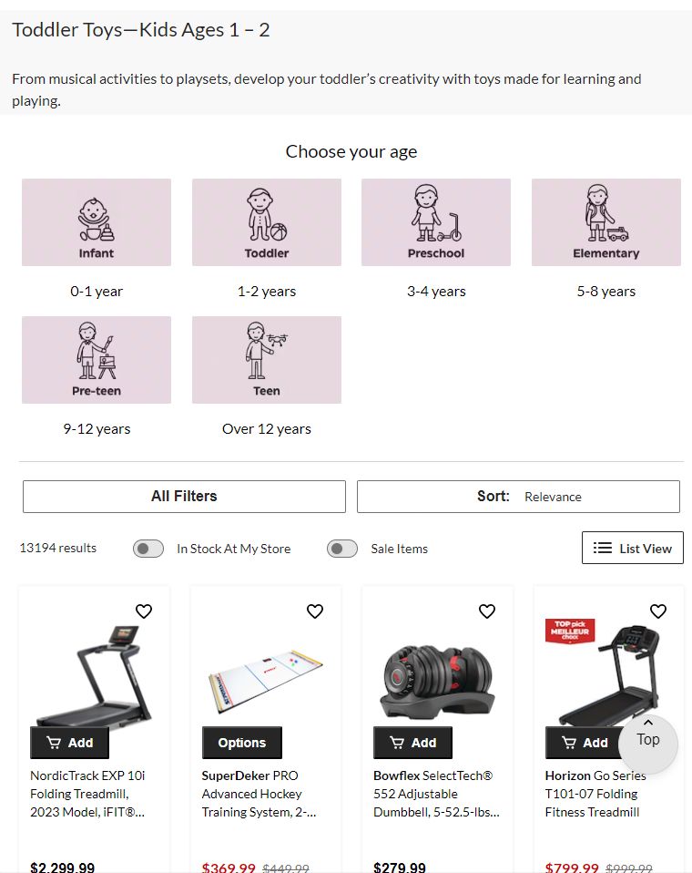A page of toys for toddlers (aged 1 - 2) from Canadian Tire, that includes two treadmills, an adjustable dumbbell and an advanced hockey training system.