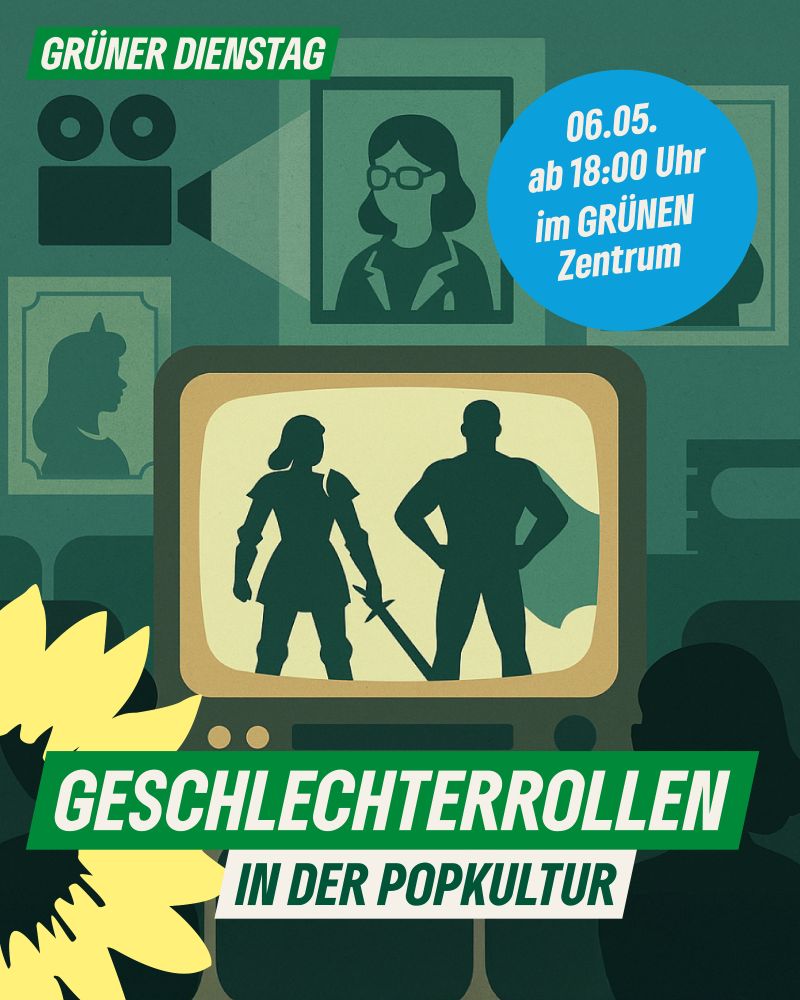 Eine Grafik mit mehreren symbolischen Darstellungen von Superheld, Ritterin etc in einem Fernseher. 
Geschlechterrollen in der Popkultur - Grüner Dienstag, 6.5., 18 Uhr im Grünen Zentrum