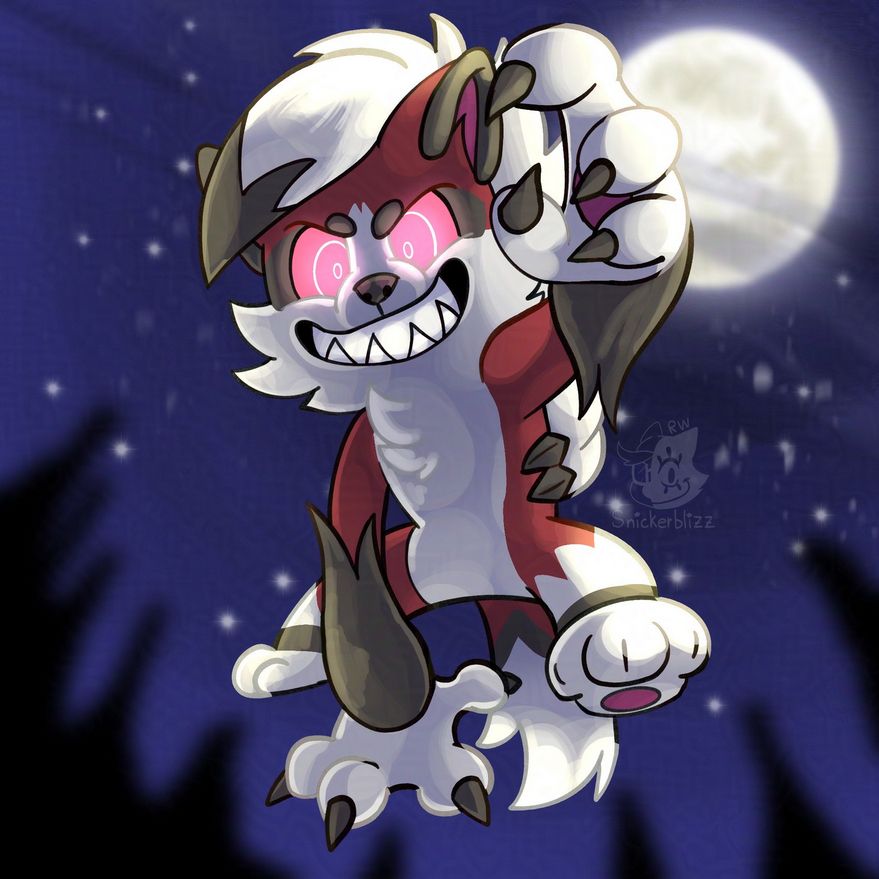 An illustration of my fursona, Piper the Marble Fox, recolored and redesigned to look like Midnight Forme Lycanroc from Pokemon. She is lunging towards the camera with a devilish grin in the middle of a forest at night.