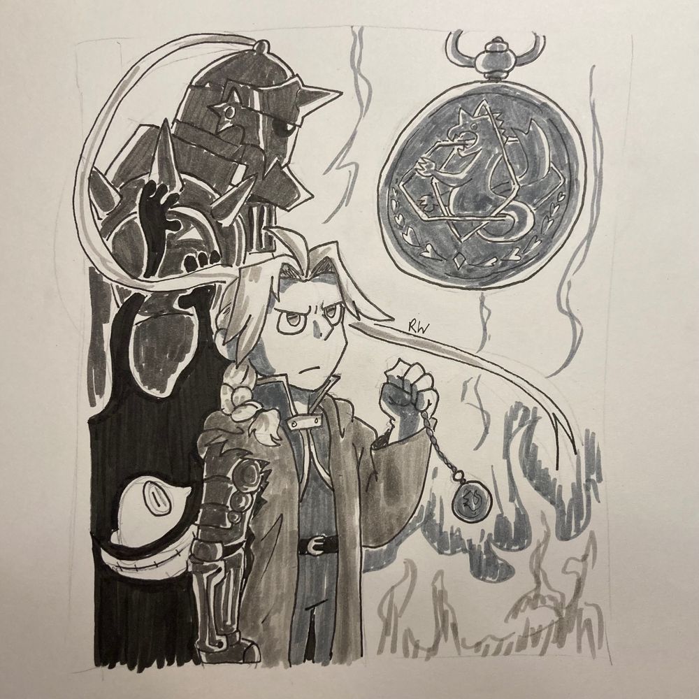 A black and white illustration of Edward Elric and Alphonse Elric from Full Metal Alchemist. A shadowy mass with one eye smiles behind Edward and reaches arms out to Alphonse. To the right is a close up of Edward’s pocket watch and it’s emblem.