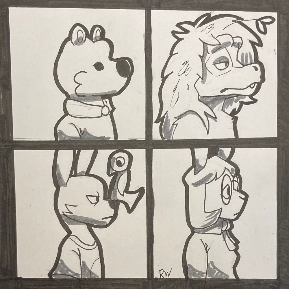 A black and white piece of fanart for the indie short film Hoyo and Everyone Else, which parodies the cover art for the album Demon Days by The Gorillaz. From top left to bottom right the characters are a polar bear, a grassy dragon, a hare with a bird and a bunny with glasses.