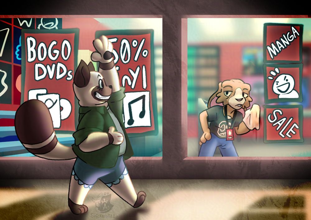 An illustration of an anthropomorphic color point cat walking by some window for a record store. The windows are plastered with posters for BOGO DvDs, 50% off Vinyl and other sales. The cat is smiling and waving to a bored looking, anthropomorphic lop eared bunny, who is in the store with a rag wiping down the windows.