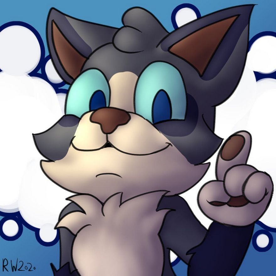 an illustration of my fursona, Piper the Marbled Fox, smiling at the viewer and lifting her left pointer finger.