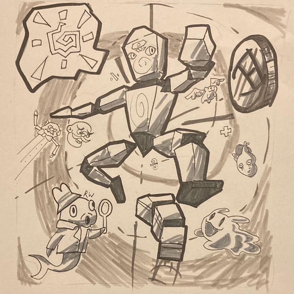 A black and white illustration of a low poly man falling into a spiral. Surrounding the man is a fish dressed as a detective, a graphic looking sun, a coin, a realistic heart with eyes, a bunny made of slime, an elderly man with a long torso, a floating mustachioed head, a hamster with angel wings and a low poly car.