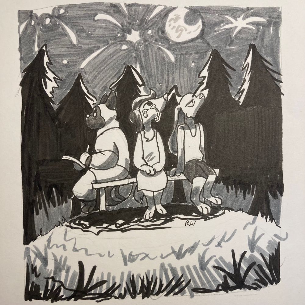 A black and white illustration of an anthropomorphic cat, dog and lop eared bunny sitting on a bench in the woods watching fireworks. The cat is drawing something in a notebook and the dog is crying.