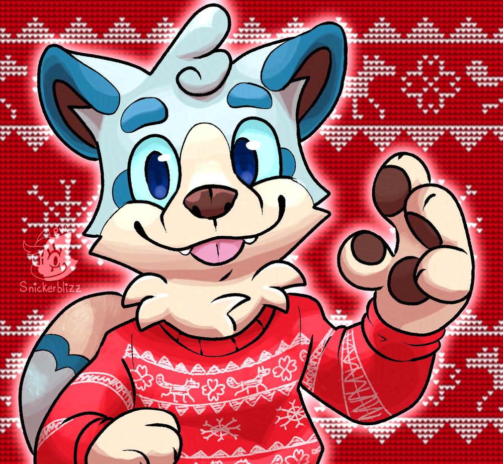 A Drawing of a light-blue fox smiling and waving at the viewer. The fox is wearing a red and white christmas sweater and the background is an enlarged version of the sweater's pattern.