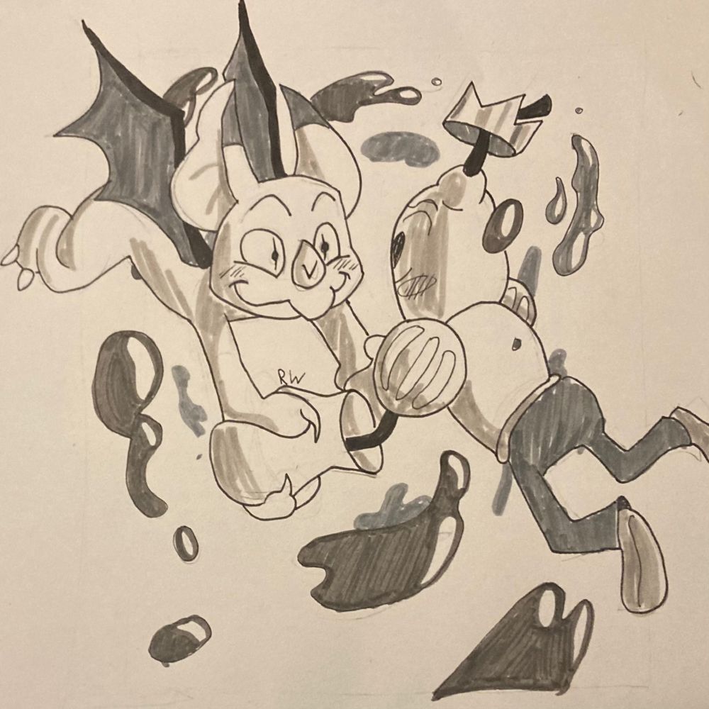 A black and white illustration of an anthro fruit bat and anthro fruit dressed like a prince. They’re holding hands and falling as they’re surrounded by droplets of juice.