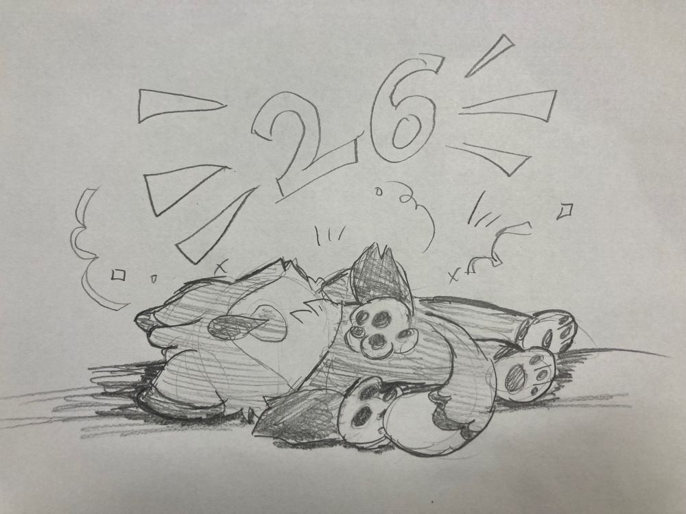 An illustration of my fursona, Piper the Marbled Fox, laying face down in the Peter Griffin Death Pose, surrounded by confetti. A giant number 26 floats above her.
