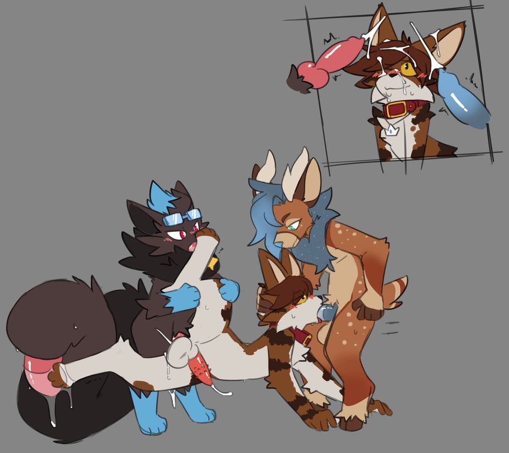 A cat being spit roasted by a deer and a shiny Zorua. The cat swallowing down on the deer’s blue cock while the Zorua is knotted deep inside the cat’s ass, cumming inside. The Zorua and his tailmaw is also licking up each paw respectively. There is a cutout in the corner of this image with the cat getting cum all over their head, with the Zorua’s knotted cock and the deer’s blue cock spurting cum on the feline.