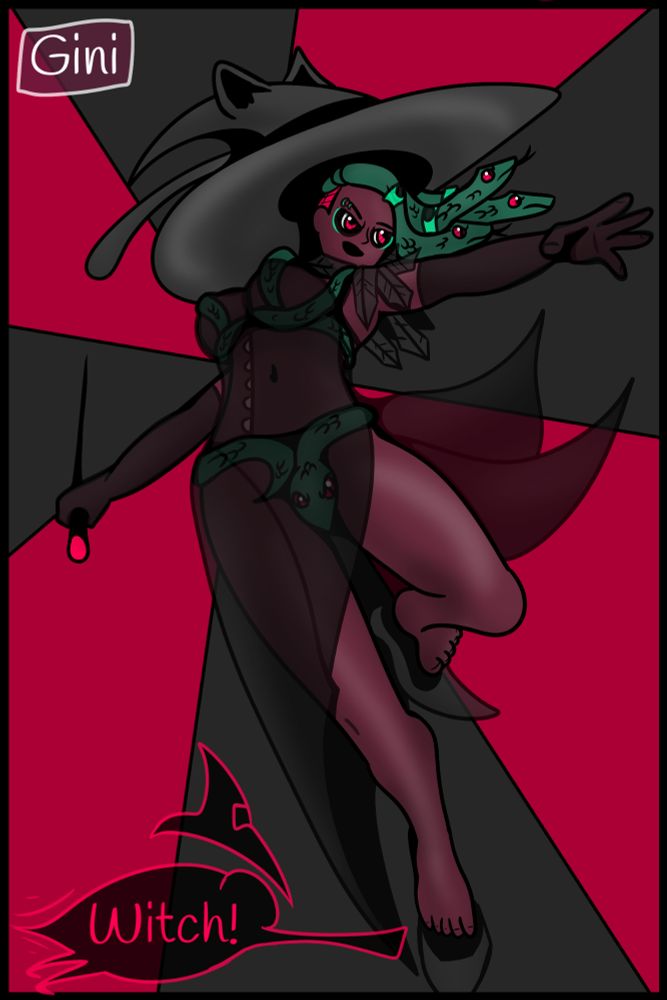 Wine collared woman wearing see through clothing and snakes for underwear. Her hair is also snakes. She has a hat floating above her head which is shaped like a witch hat but sports cat ears and a cat tail. She hovers just above her shoes instead of wearing them. The bottom left text reads "Witch." And top right text reads "Gini" her name.