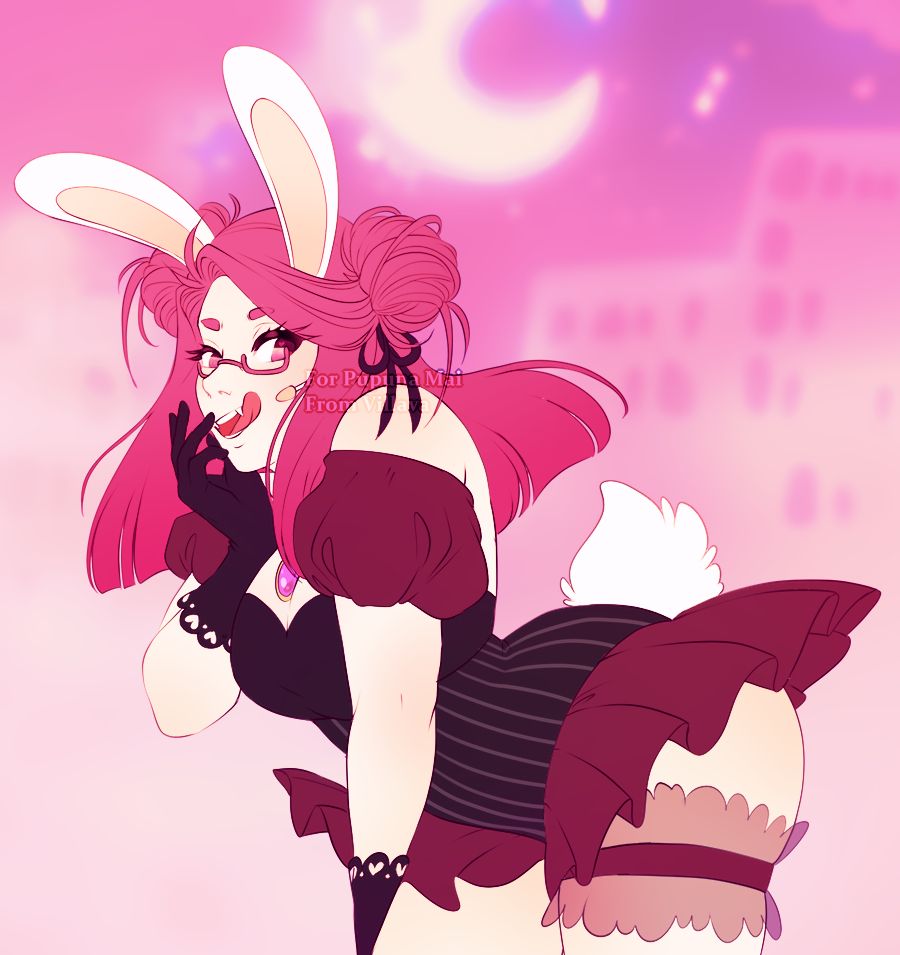 A bunny girl with white ears, pink hair, and non-suspicious vampire teeth, wearing semi-gothic bit revealing clothes, licking her lips for no reason at all.