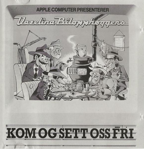 Platecover for Vazelina Bilopphøggers "Kom og sett oss fri". Har teksten "Apple Computer presenterer" øvst, og er utforma som ein Apple monitor med ein svart-kvit teikneserie av Vazelina Bilopphøggers i. 