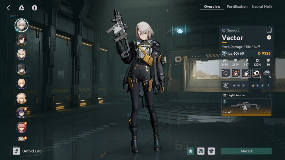 Status screen for Vector. Maxed level, neural helix, and weapon.

Fortication at 2