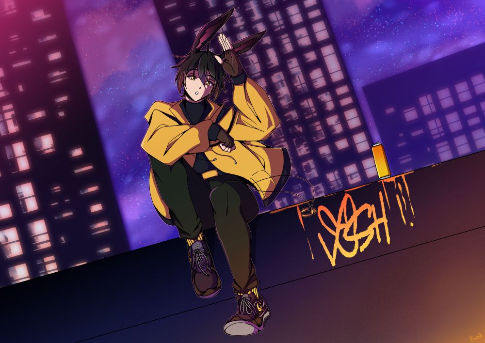 A bunny boy sits on top of a building looking down at the viewer and waving casually. he's tagged the side of the building with Vosh, his name. 
