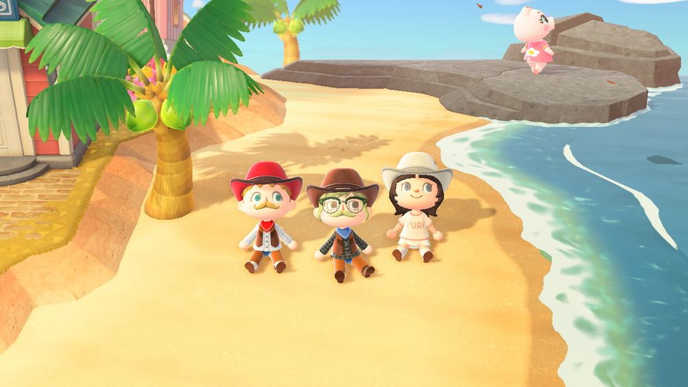 3 animal crossing characters sitting on a beach and they’re dressed as cowboys 