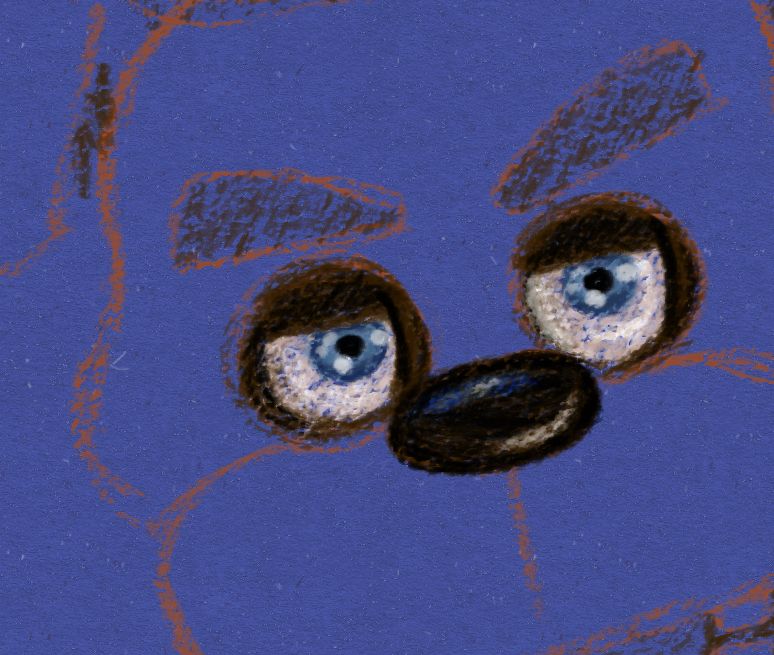 crayon drawing of freddy fazbears eyes and nose close up on a blue background 