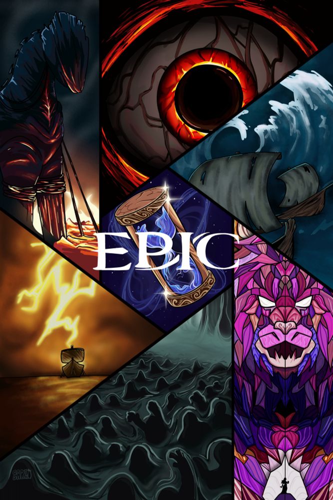 A poster I drew of the first seven sagas of Epic: The Musical! Left to right top to bottom: Troy saga, Cyclops saga, Ocean saga, Wisdom saga, Thunder saga, Underworld saga, Circe saga
