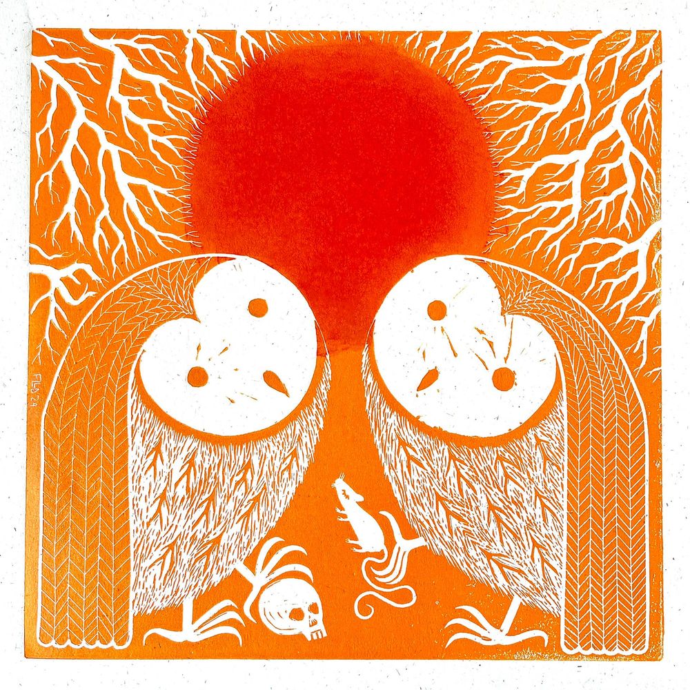 a mostly-orange linoprint. two stylised owls pass presents to each other - a dead mouse and a human skull. behind them is a red sun.