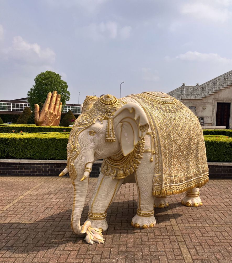 Elephant statue in courtyard of Shri Swaminarayan Mandir, Neasden temple in north London