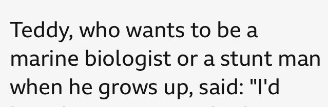 Quote from news story: “Teddy, who wants to be a marine biologist or a stunt man when he grows up”