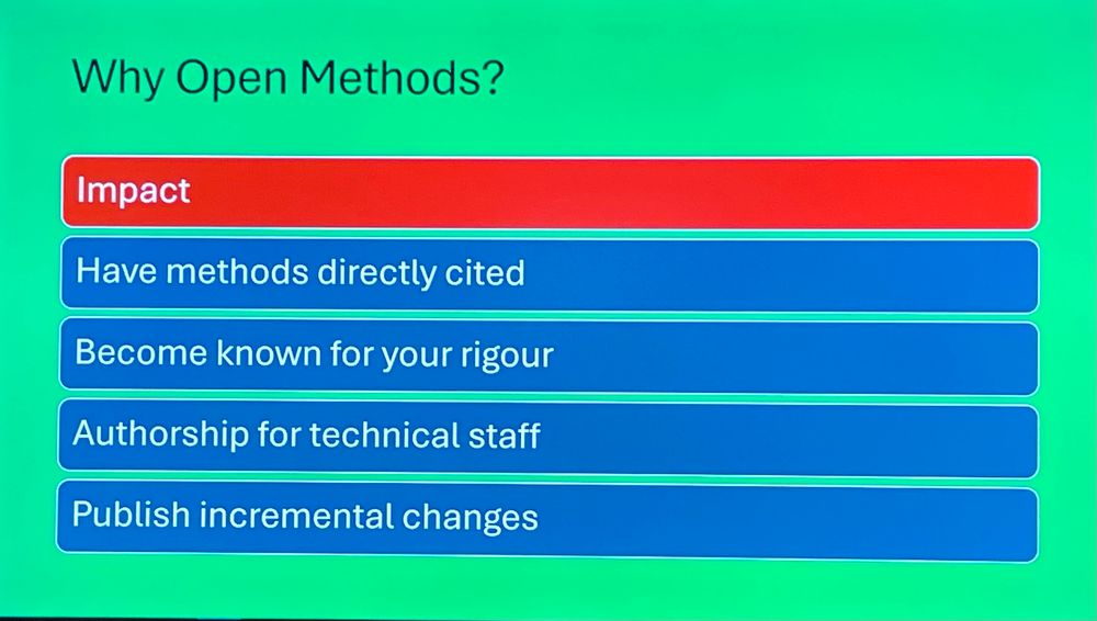 Slide:

Why Open Methods?
Impact
Have methods directly cited
Become known for your rigour
Authorship for technical staff
Publish incremental changes