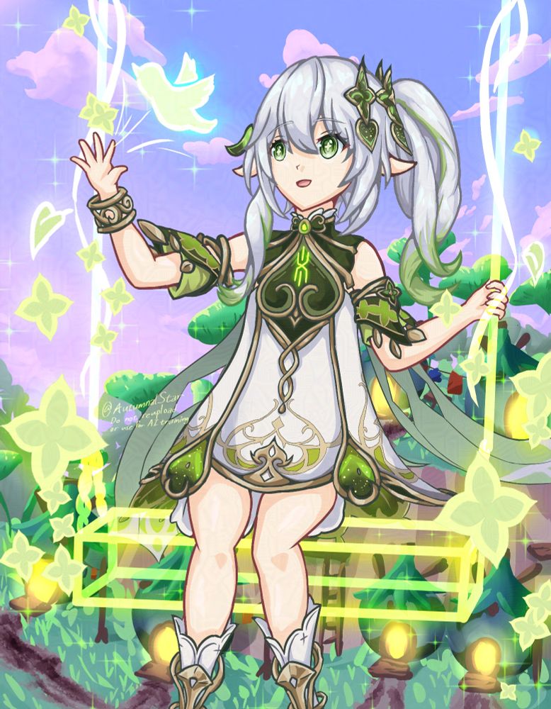 [July 2025] Art of Nahida from Genshin Impact, sitting on a swing made from her own powers and projecting the image of a bird with one hand.

Several of Nahida's idle animations were referenced for this drawing.