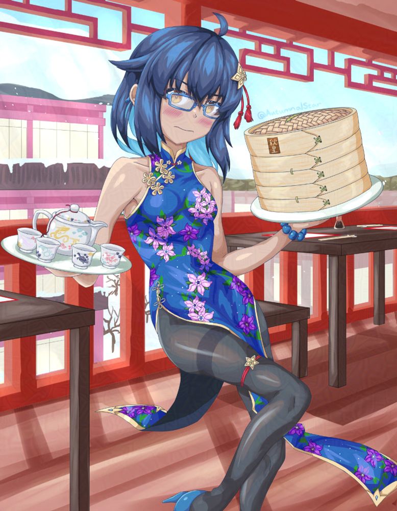 [New Years 2024] Art of my OC, Teresa, working in a Chinese restuarant for the new years. She has a steamer basket in one hand, a tea set in the other, and an incredibly embarrassed expression.

I could tell you there's a dragon featured in the art, but you probably wouldn't get it...