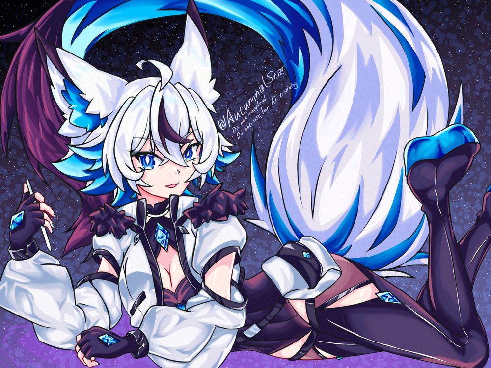 Art of Spica ( @spicaillustrations.ca ), a vtuber and artist. She's laying on her side with a pen in one hand, idly kicking her legs behind her while eyeing the viewer playfully.