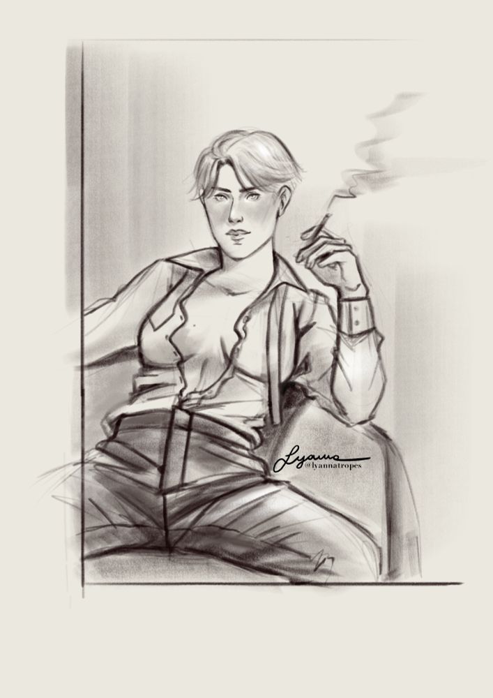 Ryan sitting with their shirt open and a cigarette in their hand. 