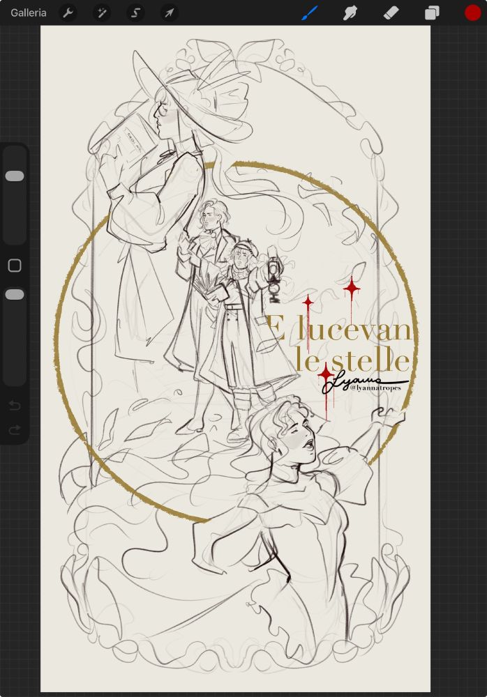 A wip of a movie poster-like artwork featuring characters from Reverse 1999. The text reads "E lucevan le stelle." 