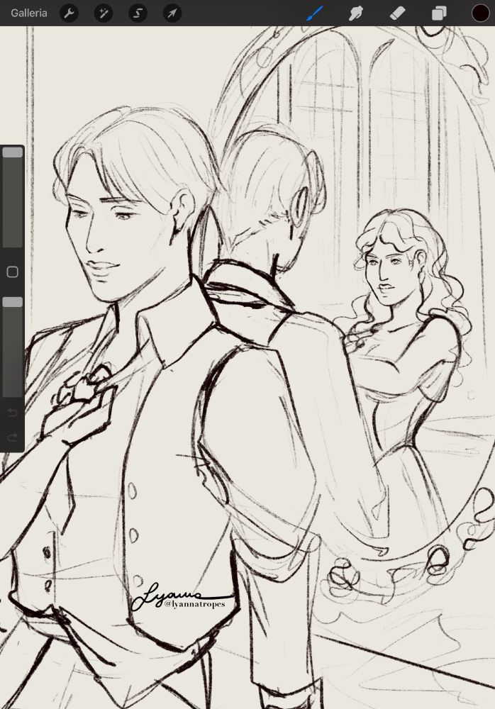 work in prorgress sketch. Ryan (any/all) is leaning against a drawer as Rose (she/her) is pulling their tie undone, as shown in the reflection in the mirror. 