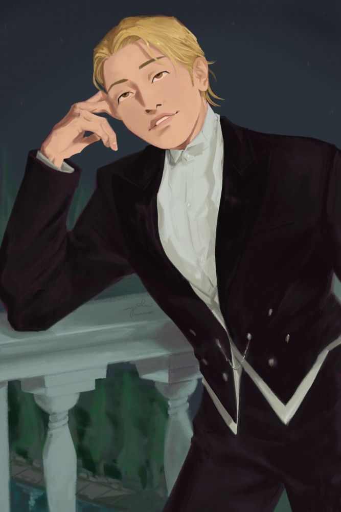 Portrait of Ryan in a formal evening attire. He is leaning against a marble baluster, with his head resting next to his hand. Trees and their reflection in the water can be seen in the bottom portion of the background.