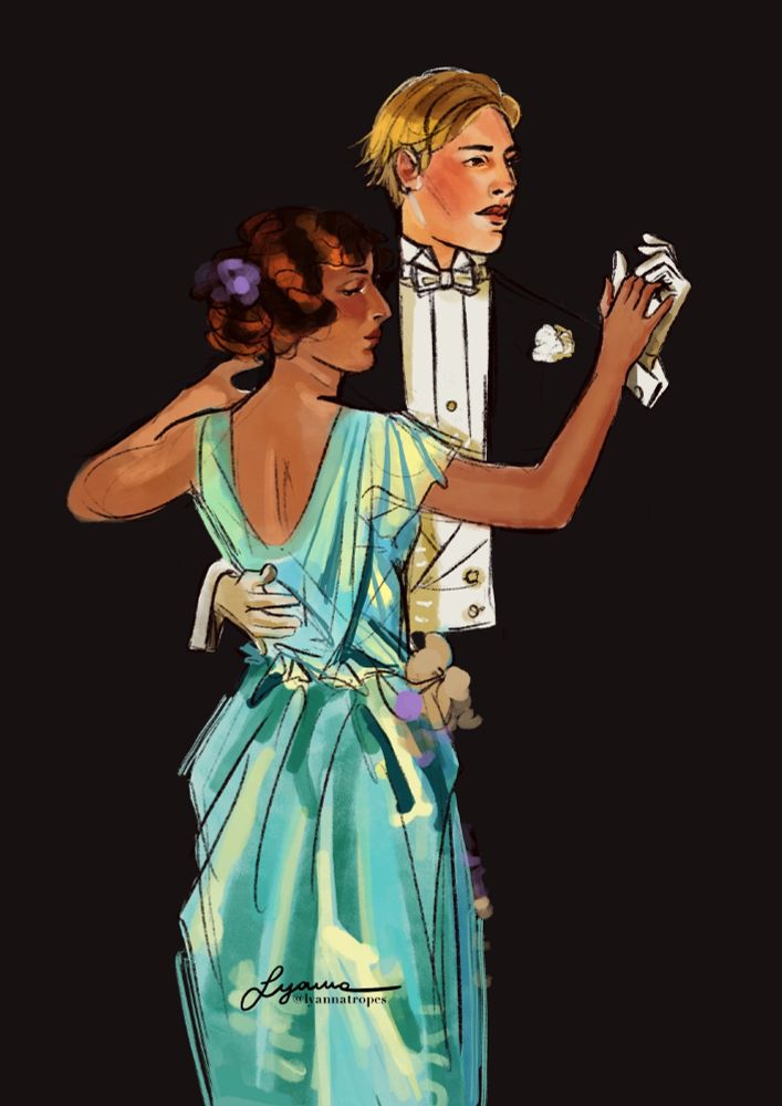 Sketch based on a Leyendecker painting (rough colours version). Ryan and Rose are standing close in a dancing pose.